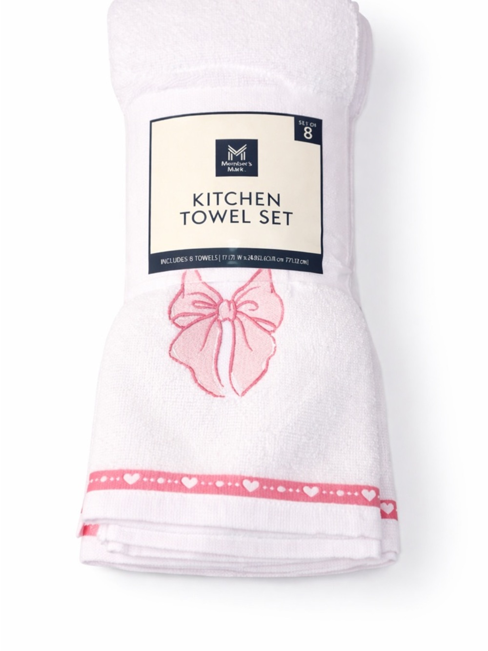 Member's Mark White Kitchen Towel Set with Pink Bow Embroidery